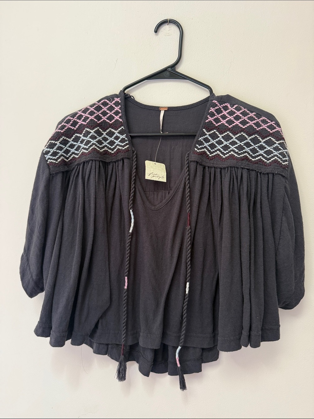 Free People Black Embroidered Shoulder Peasant Blouse